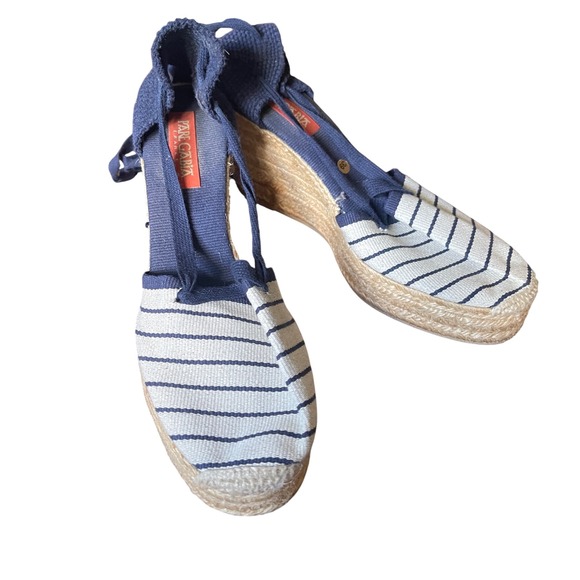 Pare Gabia France Blue White Stripe Lace Up Ankle Wedge Espadrilles Handmade 8.5 - Picture 1 of 10